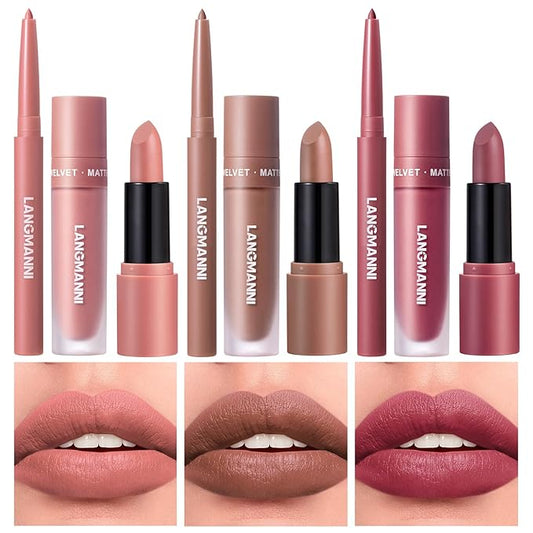 LANGMANNI 3 in 1 Matte Velvet Lipstick Set-Lip Liner,Lip Gloss and Lipstick Combo,Perfect for Natural Lip Contour,Waterproof And Longlasting Effect Lip Makeup,Unique Festival Gift (#01+03+05)