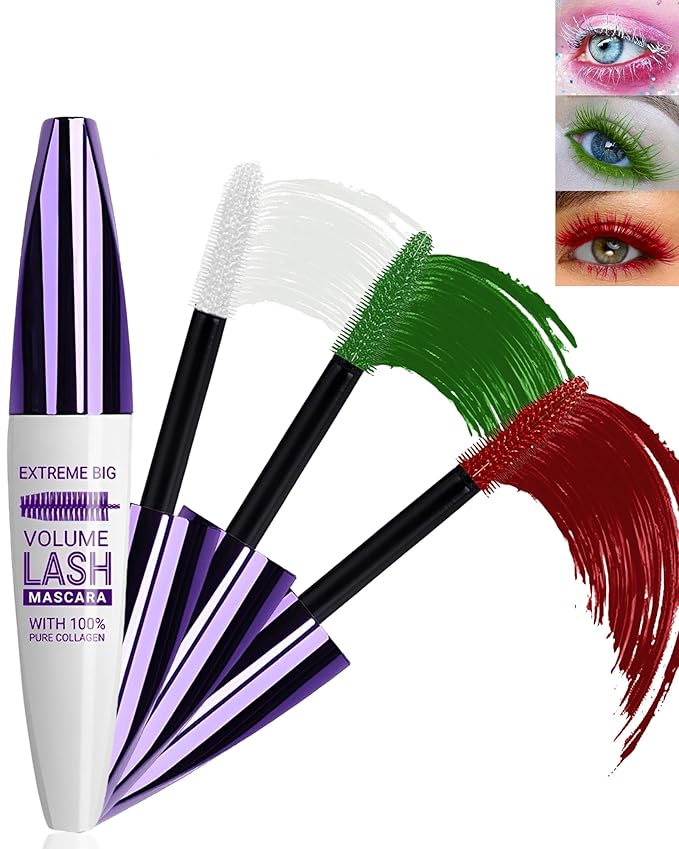 5D Colored Mascara for Eyelashes-3 Colors White Red Green Longlasting Waterproof Mascara Volume and Length,Curling Fiber rimel de pestañas, Christmas Makeup Gift Kit for Women Girl Cosplay Party