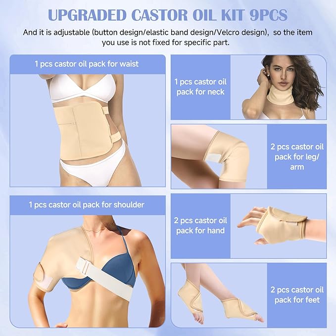 Castor Oil Pack Wrap, 9 Pcs Organic Castor Oil Packs Kit for Neck Shoulder Waist Back Hand Knee Leg and Feet, Castor Oil Patches Reusable Pads Kit for Hot/Cold Oil Wrap Compress for Woman/Man【Khaki】