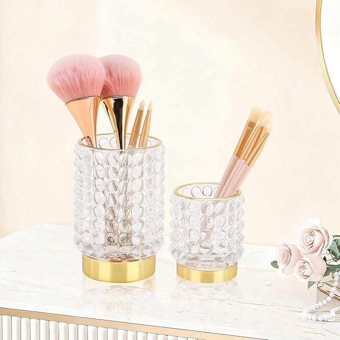 DASITON Makeup Brush Holder Organizer, Crystal Cosmetic Make Up Brush Holder, Glass Makeup Brushes Storage Organizer, Vintage Make Up Cup Desk Pen Pencil Holder, Toothbrush Holders (Clear S)