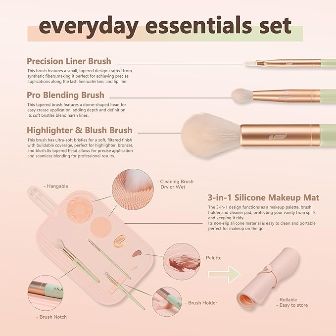 Travel Makeup Brush Set, Portable Makeup Kit with Pad Easy Clean Vegan Brush Set, ON THE GO Cosmetic Brushes Tools 4 Pcs for Women