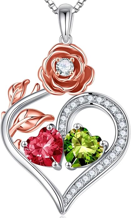 Iefil Rose Heart Birthstone Necklaces for Women - 925 Sterling Silver Double Birthstone Necklace, Anniversary Birthday Gifts for Women, Jewelry Gifts for Wife Her