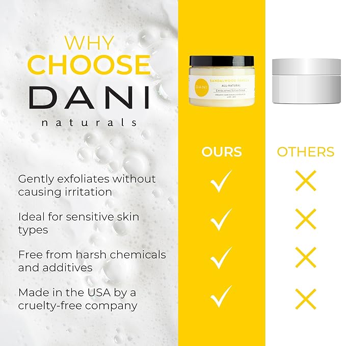 DANI Naturals Exfoliating Sugar Scrub - Warm Sandalwood Vanilla, featuring organic cane sugar and shea butter, gently exfoliates and deeply nourishes for smooth, radiant, and hydrated skin – 14 oz