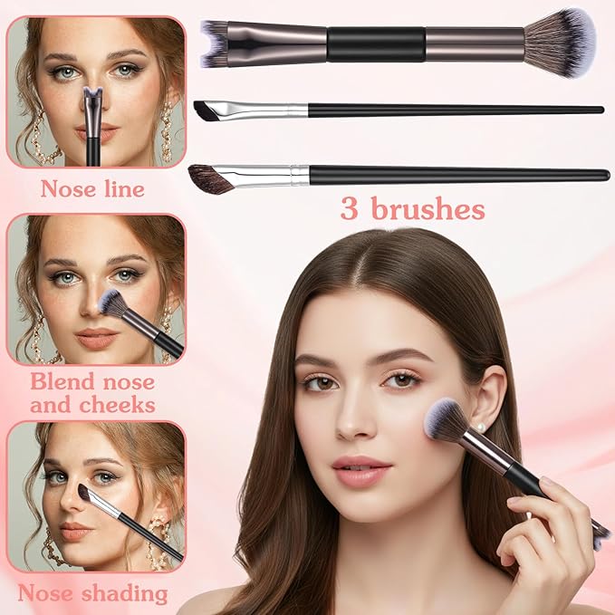 Grevosea 3 Pcs Contour Brushes for Makeup, 2 in 1 Dual-End Nose Contour Brush Angled Blush Brush for Cheeks Sculpting Highlighting Defining Eyeshadow Makeup Brushes