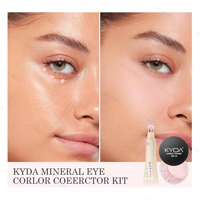 KYDA 6 Pcs Pink Mineral Under Eyes Concealer Kit, Included Eyes Concealer Cream+Loose Setting Powder, SPF 35, Eyes Color Corrector Set, Correct & Conceal Dark Circles, with Brushes and Makeup Puffs