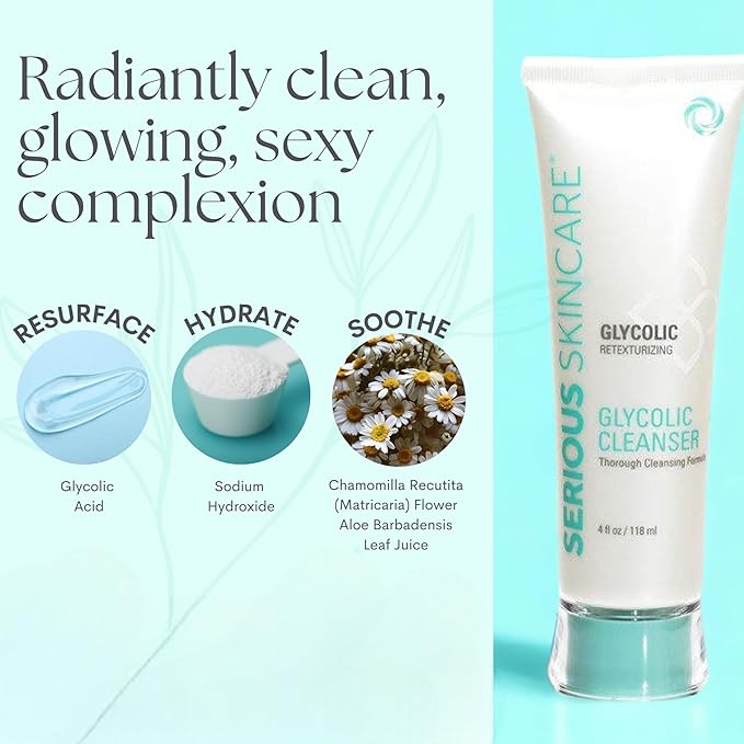 Serious Skincare Glycolic Cleanser - Glycolic Acid Skin Exfoliating Face Wash - 10% Glycolic Acid - Deep Pore Purifying - Removes Makeup, Oil, and Impurities - Shave Prep - Anti-Aging AHA 12 Oz & 4 Oz
