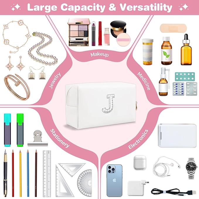 Bride Gifts – Personalized Initial Makeup Bag with Pearl Rhinestone Patch, Preppy White Monogram Cosmetic/Toiletry Pouch, bridesmaid Gifts, Bridal Shower Gifts, Wedding Gifts, Bridal Gifts,J