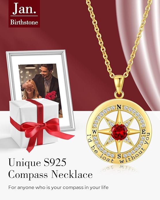 S925 Necklace Gift for Wife |Compass Jewelry |Women Anniversary |Sterling Silver |Girlfriend Birthday Gifts for Her Valentines |I'd be Lost without You |Jewel 18K Gold