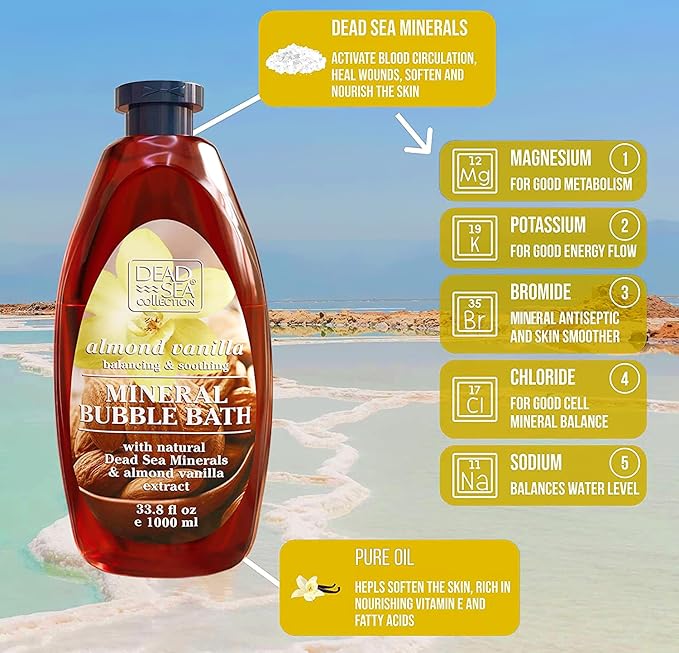 Dead Sea Collection Bubble Bath with Almond Vanilla for Women and Men - Sweet Almond Oil and Dead Sea Salt - Nourishing and Moisturizing Skin - Pack of 2 (67.6 fl.oz)