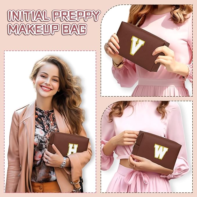 TOPEAST Preppy Makeup Bag, Cute Makeup Pouch PU Leather Waterproof Cosmetic Bag, Personalized Birthday Gifts for Mom Teacher Friends Bridesmaids Nurse, Trendy Stuff for Girls (Brown I)