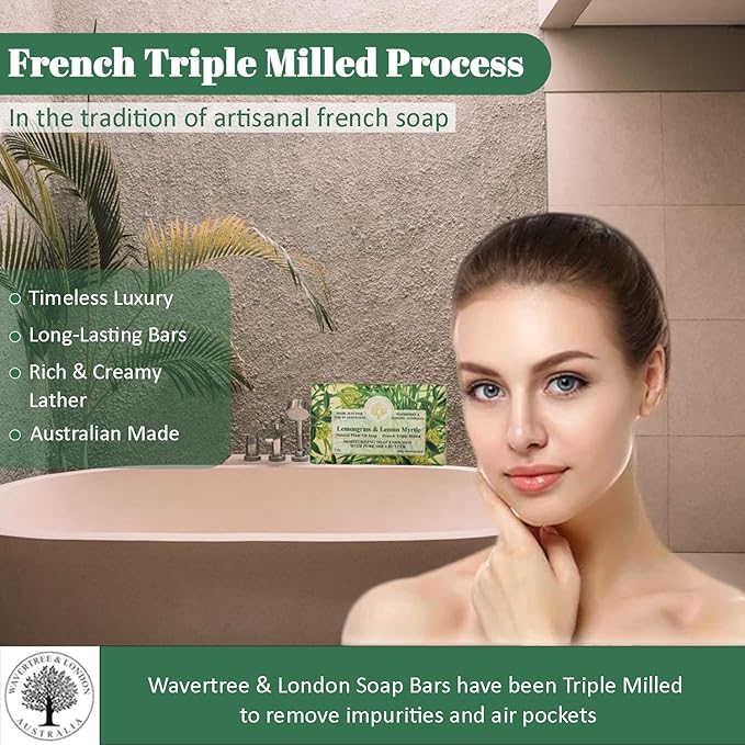 Wavertree & London Lemongrass & Lemon Myrtle Scented Natural Soap (2 Bars), 7oz Moisturizing French Triple Milled Soap Bars enriched with shea butter - Pure Plant Oil Bath & Body Soap Bars