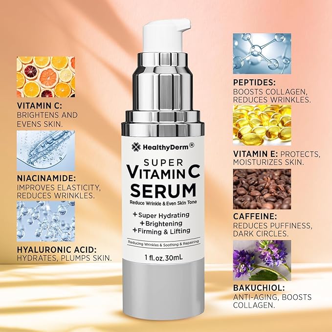 Super Vitamin C Serum for Women Over 70: Niacinamide, Vitamin C, Hyaluronic Acid, Peptides, Vitamin E, Caffeine, Bakuchiol, Hydrating, Lifting, Wrinkle & Age Spots Reduction Pack of 3