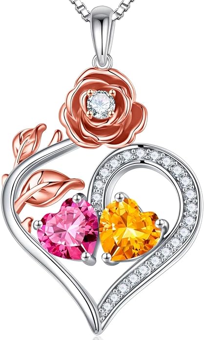 Iefil Rose Heart Birthstone Necklaces for Women - 925 Sterling Silver Double Birthstone Necklace, Anniversary Birthday Gifts for Women, Jewelry Gifts for Wife Her
