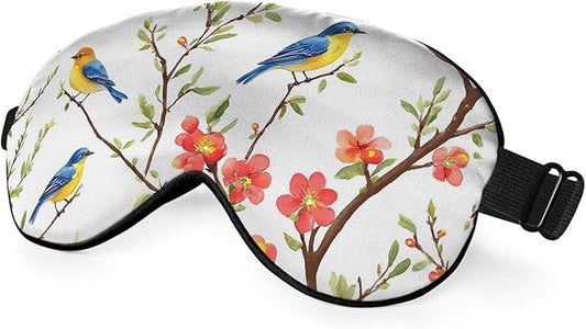 Cute Blue Birds Sleep Eye Mask Eye Cover Tree Branch Green Leaves Red Flower Silk Eye Mask for Sleeping with Adjustable Strap for Travel Nap Shift Work Office