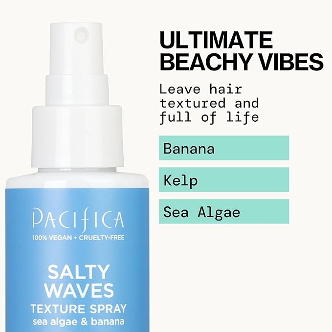 Pacifica Beauty, Salty Waves Texture Sea Salt Spray for Hair, Beachy Waves, Wavy Hair Products, Hydrating, Banana Scent, Curl Enhancing, Paraben Free, Sulfate Free, Vegan & Cruelty Free