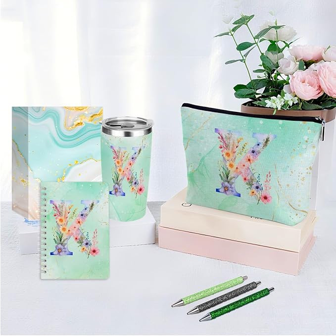 Personalized Gifts Monogrammed Birthday Gifts for Women, Soul Sister Bachelorette Party Wedding Christmas Initial 20 oz Tumbler, Makeup Bag Cup Pens Journal Notebook 6 Set, (Aesthetic Green Flower K)