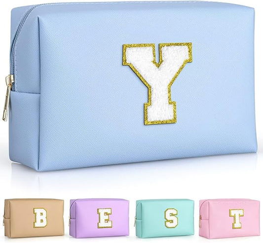 TOPEAST Preppy Makeup Bag, Small Cosmetic Travel Bags for Women, PU Leather Waterproof Toiletry Bag with Zipper, Personalized Birthday Gift for Women Girl, Preppy Gifts for Girl (Sky Blue Y)