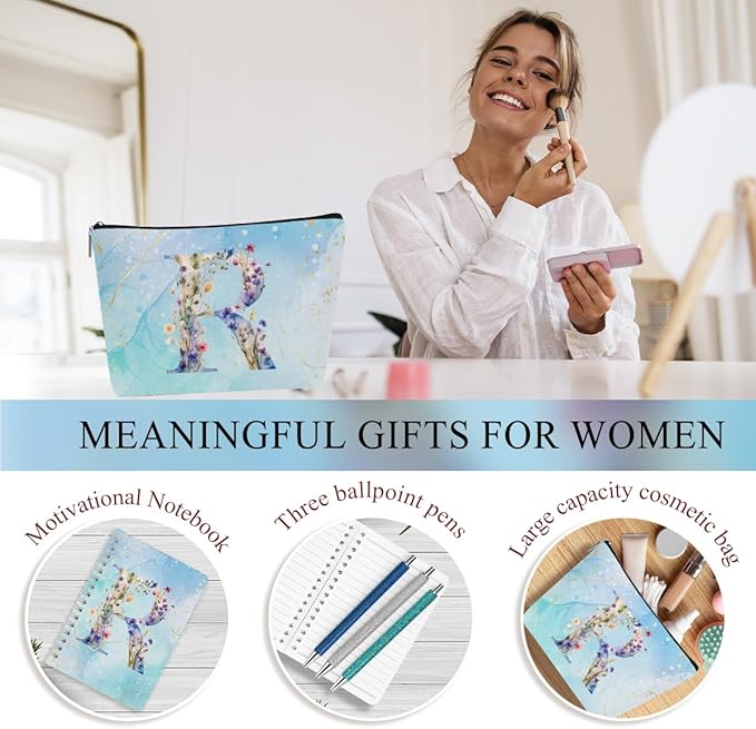 Personalized Gifts Monogrammed Birthday Gifts for Women, New Mom, Grandma Thank You Christmas, Initial 20 oz Tumbler, Makeup Cosmetic Bag Cup Pens Journal Notebook 6 Set, (Aesthetic Blue Flower R)