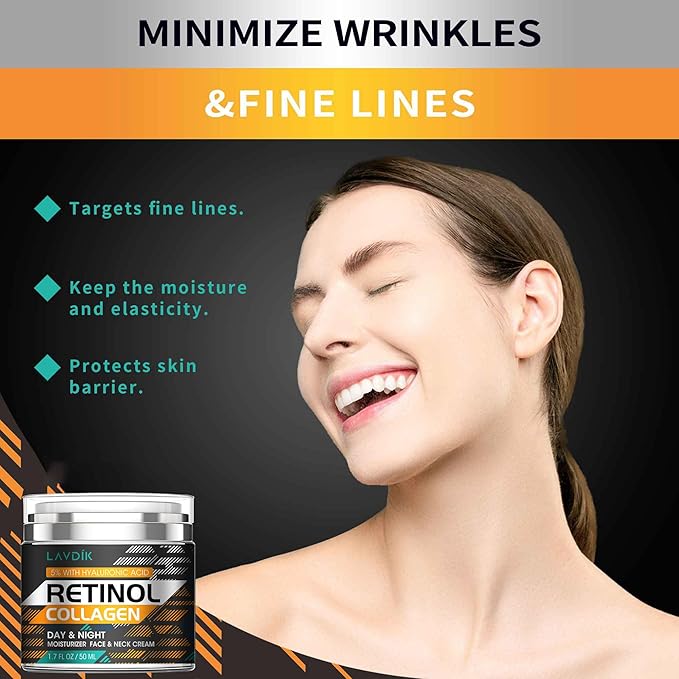 Retinol Cream for Face with Hyaluronic Acid, Moisturizer Anti Aging Collagen Cream for Women and Men, Reduce Wrinkles, Fine Lines, Day and Night,1.7 Fl Oz