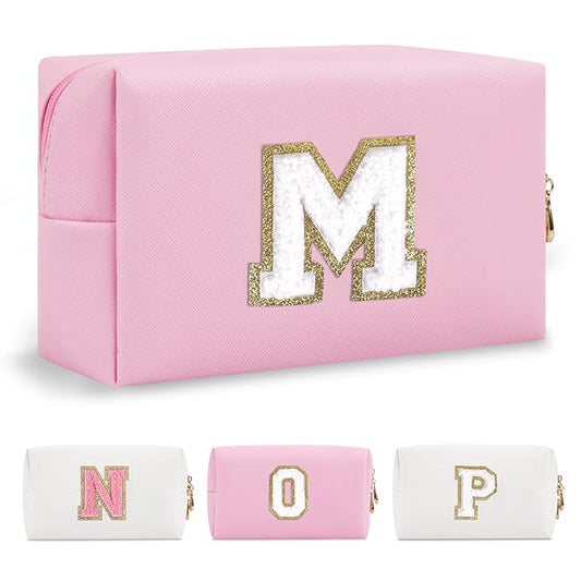 Personalized Initial A-Z Preppy Patch Makeup Bag,Small PU Chenille Letter Cosmetic Bag with Zipper for Teen Girls,Pink Cute Toiletry Organizer Bag,Monogram Makeup Case Gift for Women Girls,Letter M