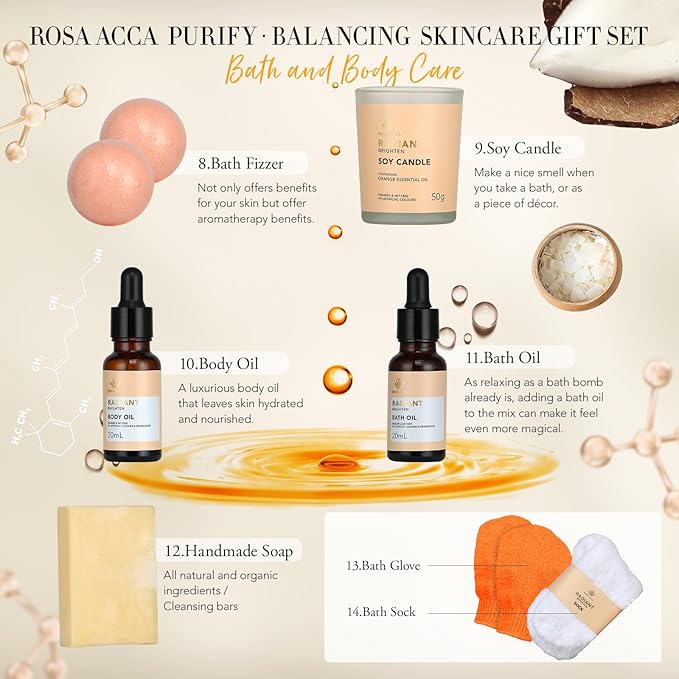 Skin Care Set for Women & Men, 28pcs Facial Kit at Home, Self Care Pamper Set, Birthday Gifts, Orange Spa Gift Baskets for Women, Serum, Face Cream, Bath Oil, Bath Bomb, Mothers Day, Christmas, Dad