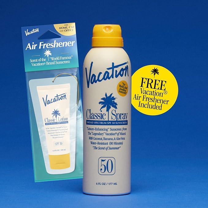 Vacation Classic Sunscreen Spray SPF 50 & Air Freshener Bundle, Water-Resistant, Lightweight, Transparent on All Skin Tones, Dermatologist-Tested, Vegan, 6 Fl. Oz.
