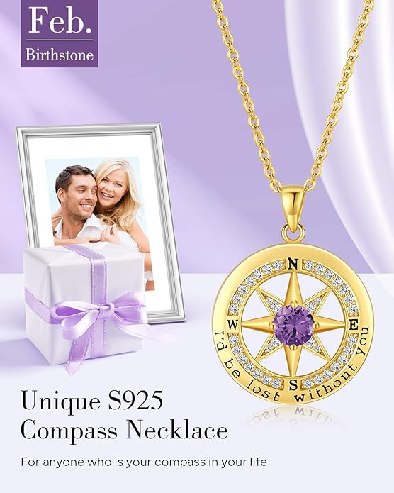 S925 Necklace Gift for Wife |Compass Jewelry |Women Anniversary |Sterling Silver |Girlfriend Birthday Gifts for Her Valentines |I'd be Lost without You |Jewel 18K Gold