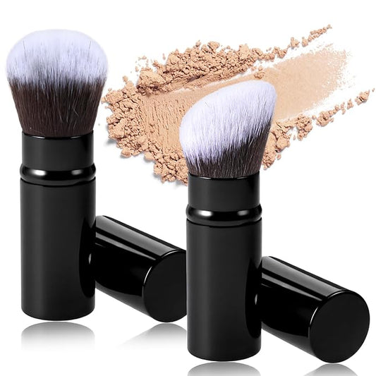2 Pcs Retractable Kabuki Brush Set, Portable Travel Blush Brush, Powder Brushes for Blending Liquid, Foundation Brushes for Liquid Cream and Powder Makeup