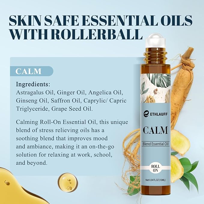 Calm Essential Oil Roll On, Aromatherapy Roll On Oil Blends for Stress Relief, Massage, Self Care Relaxation Gift