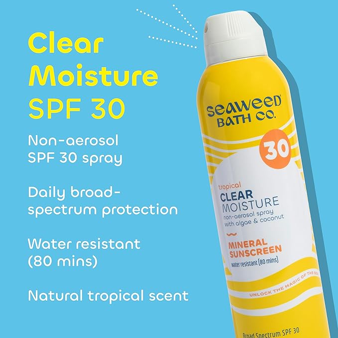 Seaweed Bath Co. Clear Moisture Mineral SPF 30 Broad Spectrum Sunscreen Spray - With Nourishing Algae, Coconut & Hyaluronic Acid - Tropical Scented - 6 oz (Pack of 2