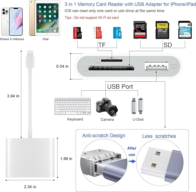 SD Card Reader for iPhone, Memory Card Reader with USB Camera Adapter Plug and Play Trail Game Camera Viewer Supports SD and TF Card MicroSD Card Adapter for iPad No App Required