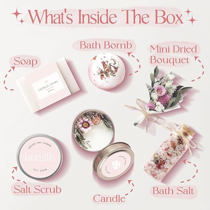 Orchid & Jasmine Spa Box for Women – Birthday & Pink Gifts, Self Care & Relaxation Set with Candle, Soap & Bath Salts – Elegant Ready-to-Give Package for Mom, Sister, or Friend