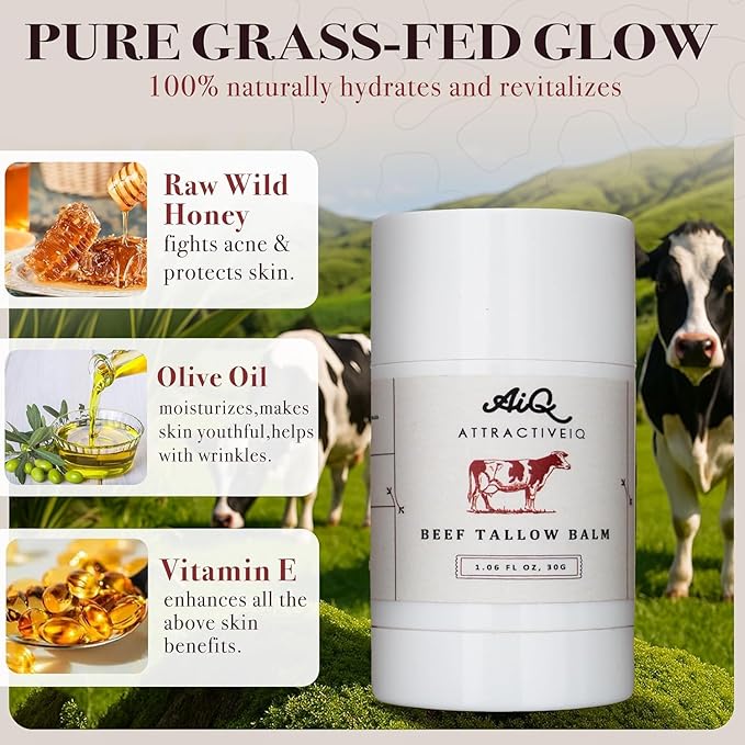 New Zealand Grass Fed Ethically-Sourced Beef Tallow for Skin– Stick with Vitamin E, Raw Honey, Olive Oil – Premium Ingredients & Cruelty-Free Tallow Face Moisturizer, Longevity & Firming - 30g