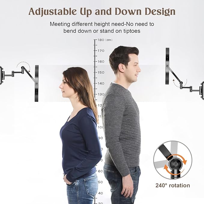 9" Wall Mounted Makeup Lighted Mirror, 4000mAh Rechargeable Double Sided LED Vanity Mirror with Height Adjustable&1X/10X Magnification, 3 Color Lights Touch Screen Dimmable 360°Swivel Bathroom Mirror