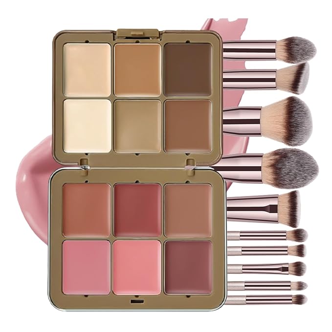 12 Colors Makeup Palette & Brush Set, Professional Eyeshadow, Blush, Highlighter, Contour Kit with 10 Champagne Gold Brushes, Cruelty-Free, Vegan, Travel-Friendly, for Beginners Pros