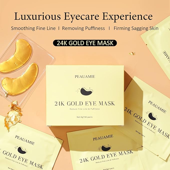 Under Eye Patchs 24k Gold Eye Mask and Hyaluronic Acid and Rose for Dark Circles and Puffiness Wrinkle Eye Bags 30 Pairs