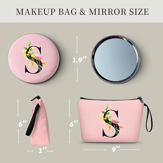 Women Birthday Unique Bride to be Bridal Shower Initial Gifts for Mom Sister Friend Her Teacher Aunt Makeup Cosmetic Bag with Mirror Mothers Day Christmas Graduation S