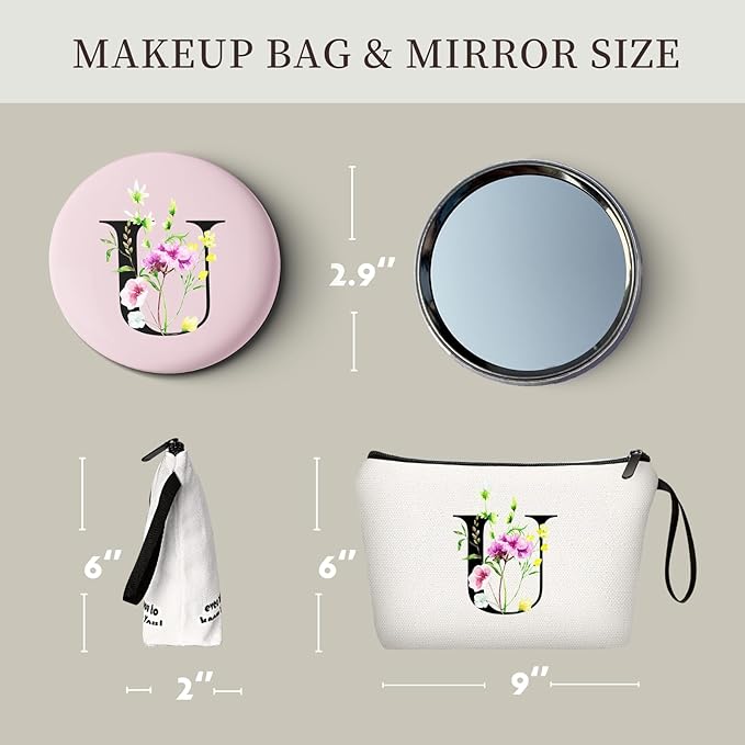 SEAMOON Birthday Bridal Shower Unique Initial Gifts for Women Mom Sister Daughter Friend Bff Personalized Travel Makeup Cosmetic Bag with Mirror Valentines Mothers Day Christmas Graduation U