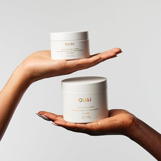 OUAI Scalp & Body Scrub, St. Barts Travel Size - Exfoliating Body Scrub with Sugar & Coconut Oil Blend for Smooth, Moisturized Skin - Gentle Scalp Exfoliator for Removing Product Build Up (3.4 oz)