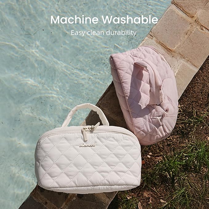 LOVEVOOK Travel Makeup Bag for Women, 2Pcs Set Puffer Waterproof Cosmetic Organizer, Large Capacity Pouch Open Flat Toiletry Bag with Divider & Handle, Portable Gift for Her, Green