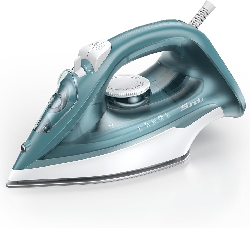 Sundu Steam Iron for Clothes with Rapid Heating Ceramic Coated Soleplate, 1500W with Precise Thermostat Dial, Self-Cleaning, Auto-Off, 15.21oz Water Tank for Home Clothes Ironing Use, green