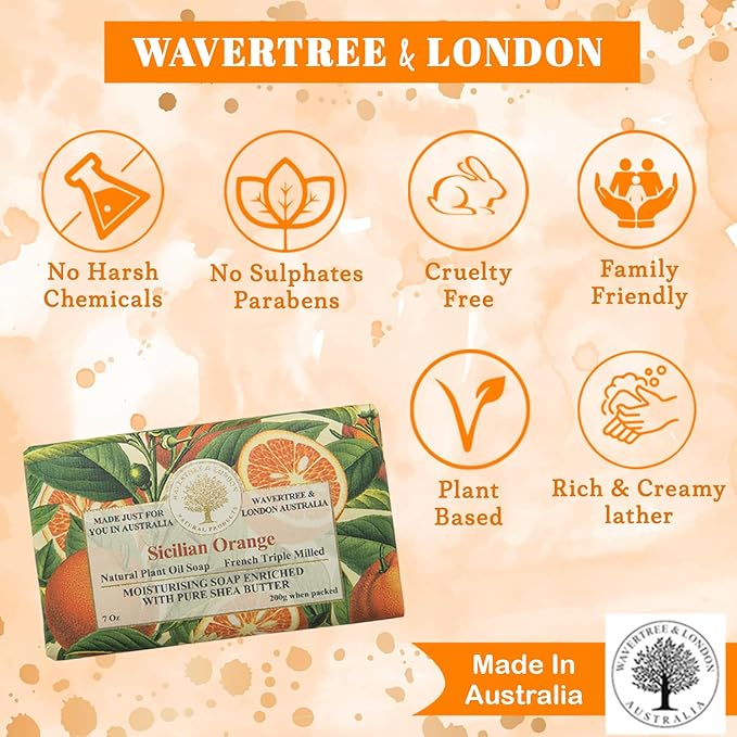 Wavertree & London Sicilian Orange Scented Natural Soap (2 Bars), 7oz Moisturizing French Triple Milled Soap Bars enriched with shea butter - Pure Plant Based Bath & Body Bars for All Skin Types