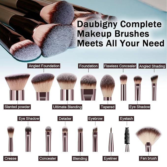Makeup Brushes, Daubigny 16Pcs Complete Premium Synthetic Makeup Brush Set with Professional Foundation Brushes Powder Concealers Eye shadows Blush Makeup Brush for Perfect Makeup (Champagne Gold)