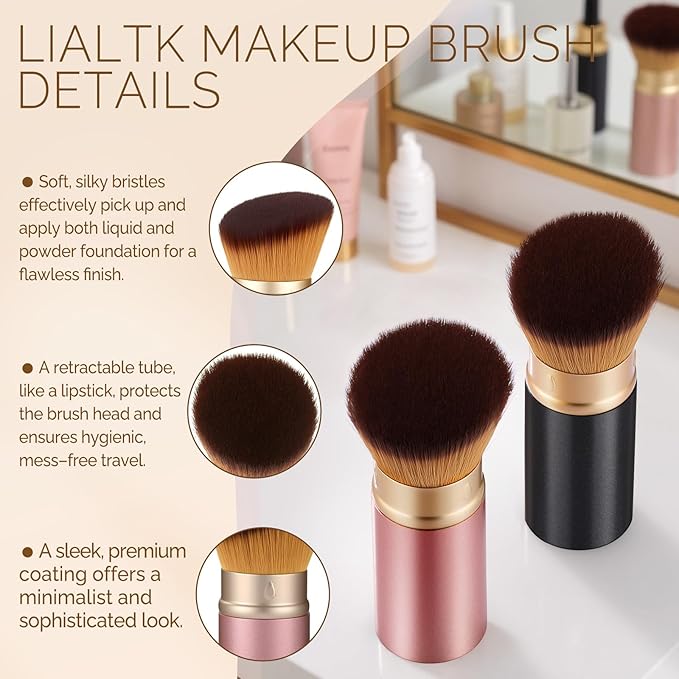 Retractable Kabuki Makeup Brush - Portable Travel Face Brush with Cover, Soft Synthetic Bristles for Blush, Bronzer, Powder, Foundation & Sunscreen, Flawless Application On-the-Go (Black)