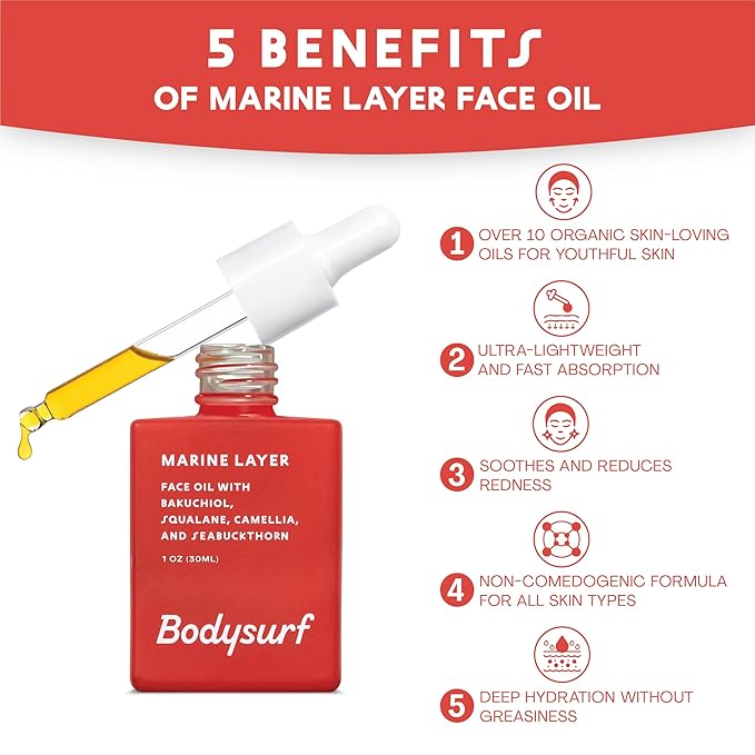 Bakuchiol Face Oil & Serum Alternative - Luxury Anti-Aging Facial Oil with Camellia, Seabuckthorn & Jojoba - Hydrating Organic Skincare Faceoil for Radiance & Wrinkles - Bodysurf Marine Layer (1oz)