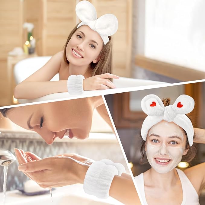 4Pack Headband and Wristband Set for Washing Face, Spa Skincare Makeup Headband, Soft Puffy Hair Band Bow Tie, for Women and Teen Girl Trendy Stuff Gifts