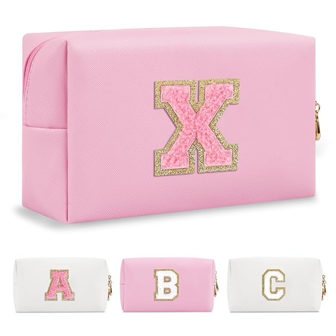Personalized Initial A-Z Preppy Patch Makeup Bag,Small PU Leather Chenille Letter Cosmetic Bag with Zipper for Teen Girls,Pink Cute Travel Toiletry Bag,Birthday Monogrammed Gift for Daughter,Letter X