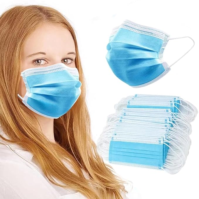 100Pcs Blue Disposable Face Mask, 3 Ply Masks with Soft Elastic Ear loops