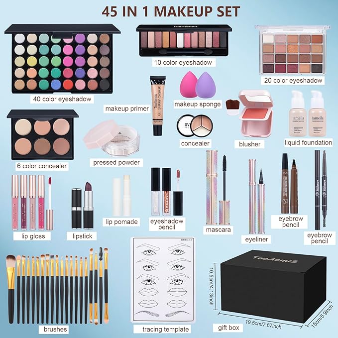 Makeup Kit for Women Full Kit、 Makeup Gift Set for Beginners Teenager，Makeup Sets for Teens、 Multipurpose Makeup ，eyeshadow、 liquid foundation,Loose powder,Eyebrow pencil,4-color lip gloss set