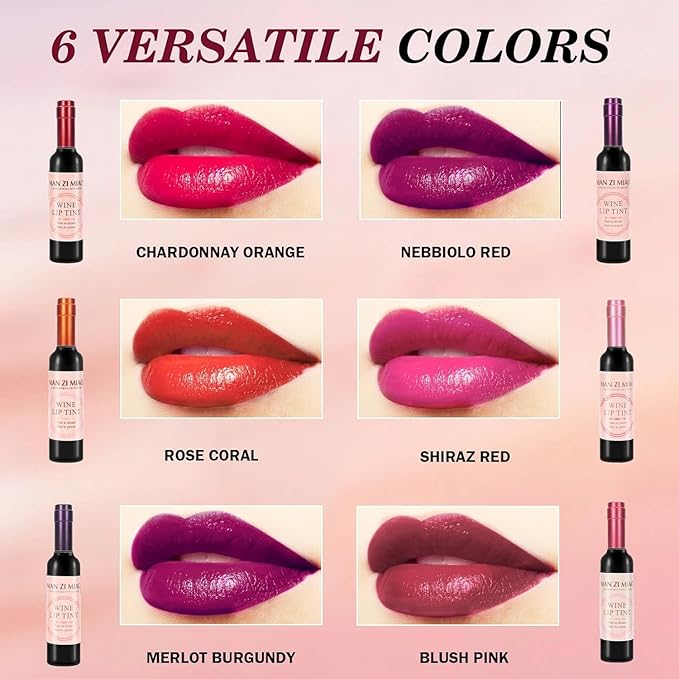 Wine Lip Tint Set of 6 Colors Moisturizing Liquid Lipstick & Velvet Lip Gloss Long-Lasting Waterproof Lips Stain with Non-Drying Formula For Soft Natural Lips Daily & Party Makeup Kit
